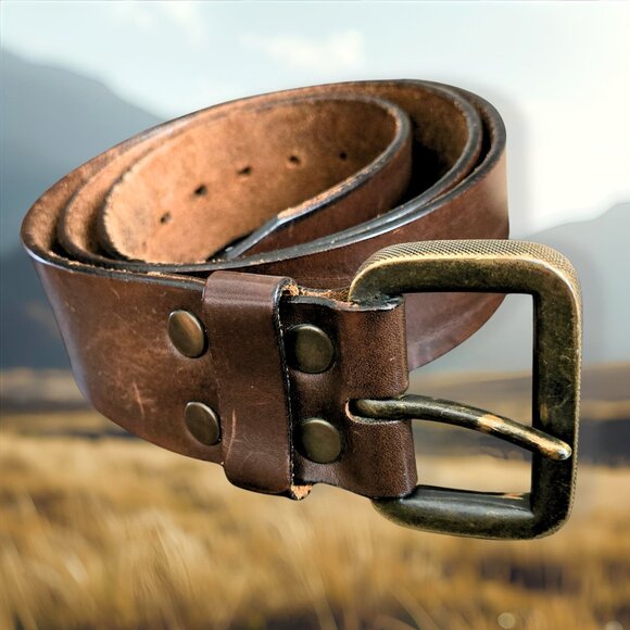 Y2K Grunge BRAVE BELTWORKS Leather Belt Veg-Tanned Wide Brown Brass Buckle sz 38 - Picture 1 of 16